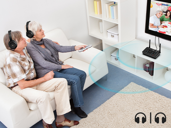 Wireless TV audio system with two headphone icons. Shows users on couch wearing headphones, watching TV. Blue arc indicates wireless signal transmission from device near TV.