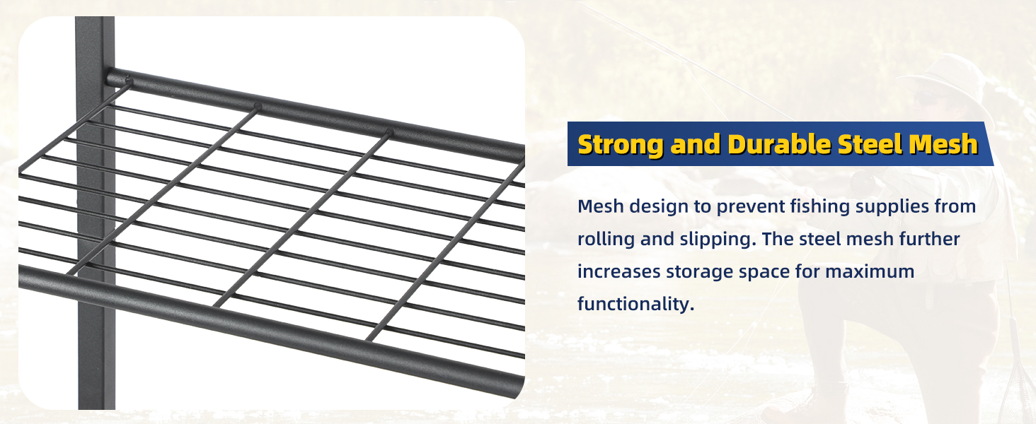 Steel mesh storage shelf with product description highlighting durable construction and efficient storage capabilities.