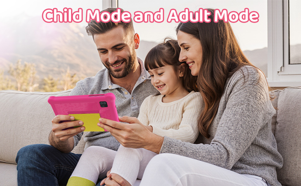 Text reads 'Child Mode vs Adult Mode'. Group setting showing people engaged with mobile devices in a casual indoor environment.