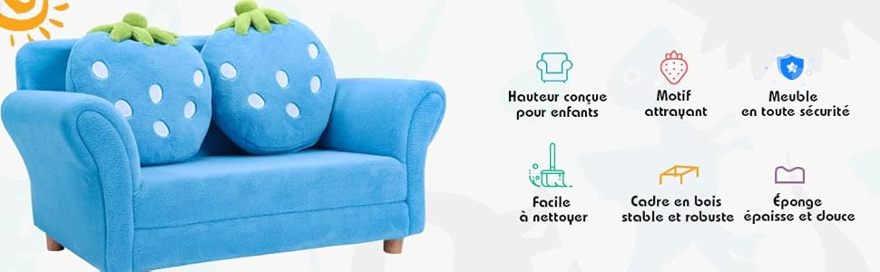 RELAX4LIFE Canapé Enfant 2 Places Avec Rembourrage En Éponge, Surface Peluche De Corail, Fauteuil Sofa Avec 2 Oreillers En Forme De Fraise Pour 3-7 Ans, 90X53X48 CM, Rose/Bleu (Bleu) 14 icon