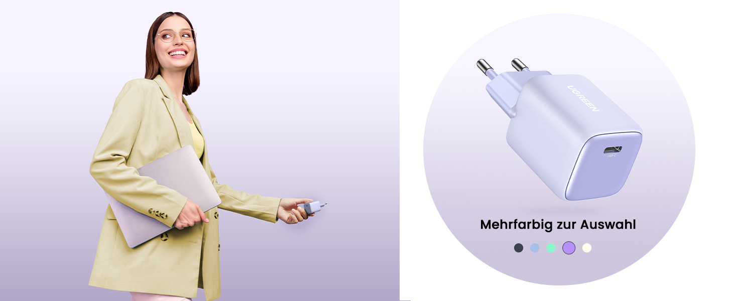 Geteiltes Bild: Frau in gelbem Blazer hält ein Gerät in der Hand, neben einem weißen Elektrogerät mit der Aufschrift „Mehrfarbig zur Auswahl