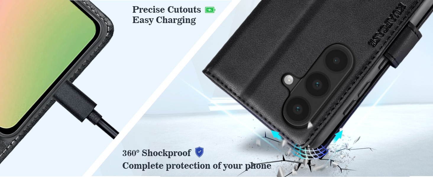Smartphone case with precise cutouts for camera and ports, featuring water-resistant design. Text indicates 'Precise Cutouts' and 'Easy Charging'.