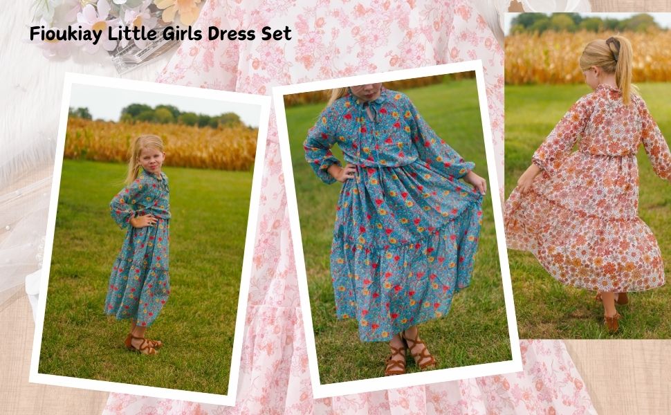 Girls Fall DressLong Lantern Sleeve V-Neck Floral Printed Smocked Waist Maxi Dresses Holiday 