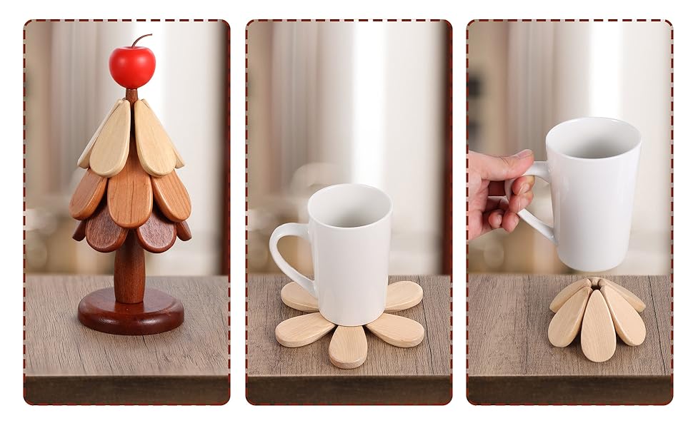 Foldable Kitchen Wooden Trivets, Tree Coaster for Hot Dishes、Pot、Bowl、teapot、hot Pot Holders