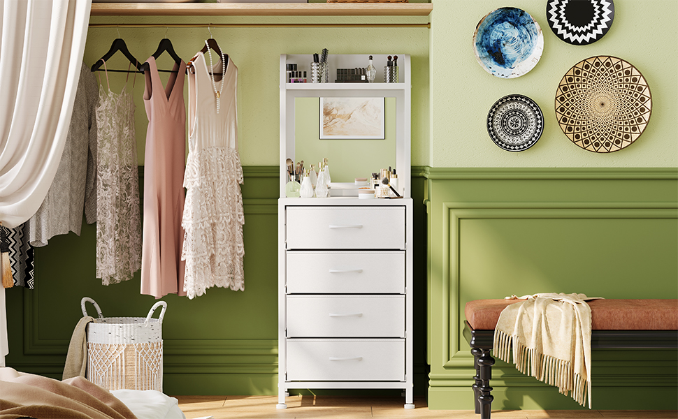 4 Drawer Dresser &amp; Chests of Drawers with Mirror &amp; Open Shelves