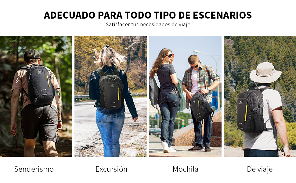 de cuatro imágenes que muestran a personas con mochilas en diferentes escenarios al aire libre: senderismo, caminatas informales, viajes y visitas turísticas. El texto indica versatilidad para diversas actividades