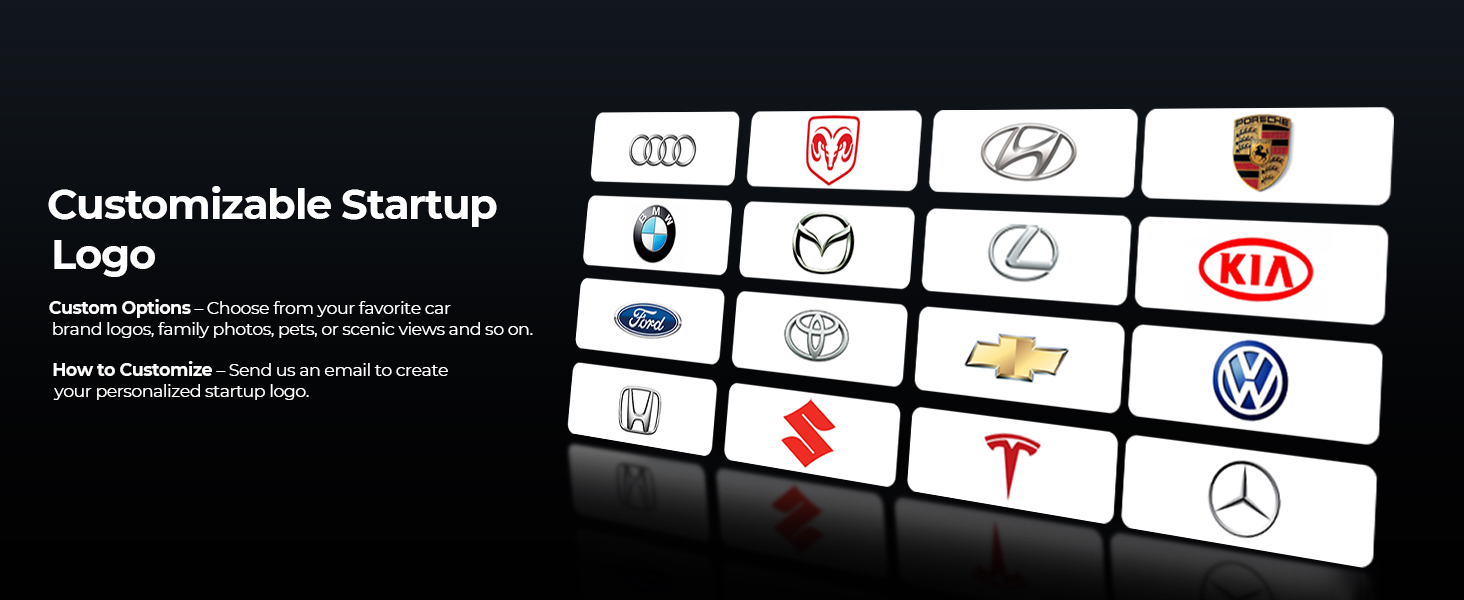 Customizable startup logo feature showcasing various automotive brand logos like Audi, BMW, Hyundai, and others arranged in a grid on a black background.