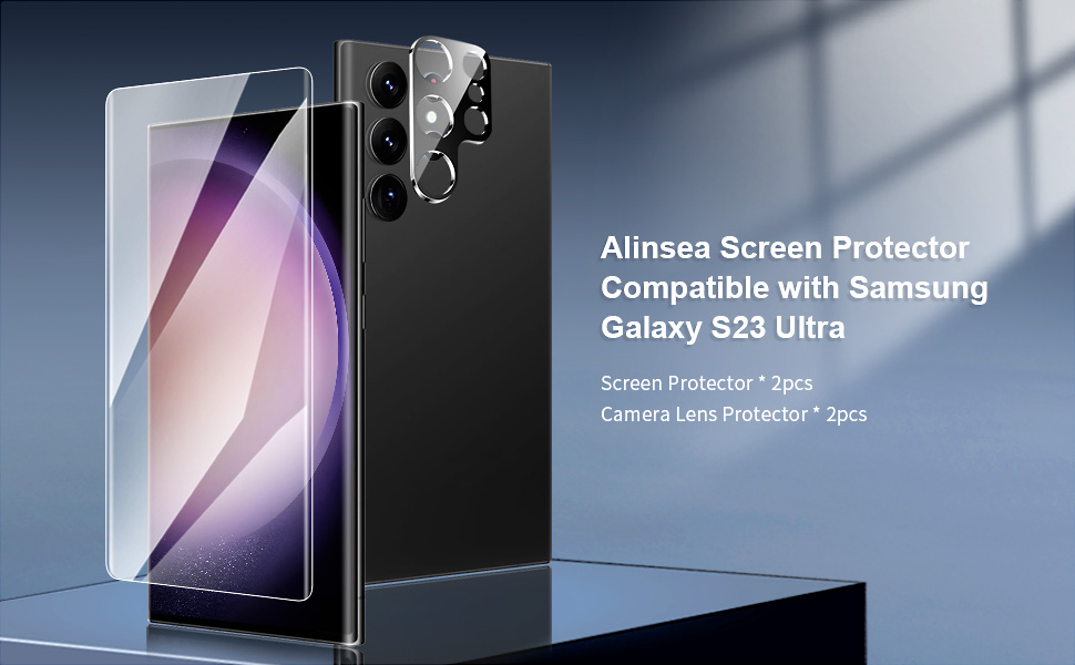 Alinsea 4 Pack Galaxy S23 Ultra Screen Protector UV Tempered Glass 2pcs with 2pcs Camera Lens