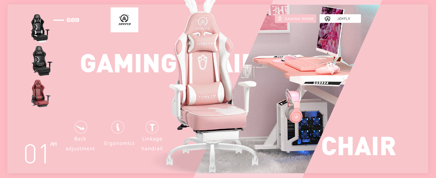 JOYFLY Pink Gaming Chair, Gamer Chair with Footrest for