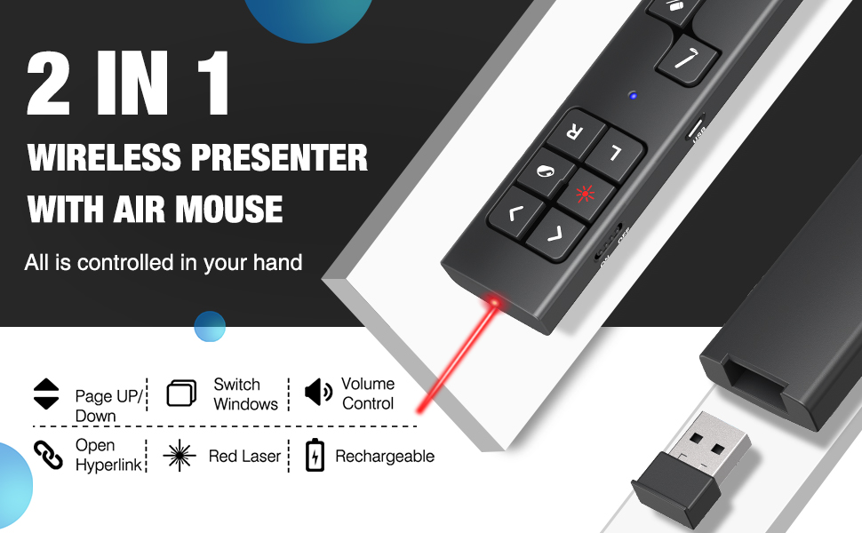Air Mouse Presentation Clicker, Rechargeable USB Wireless