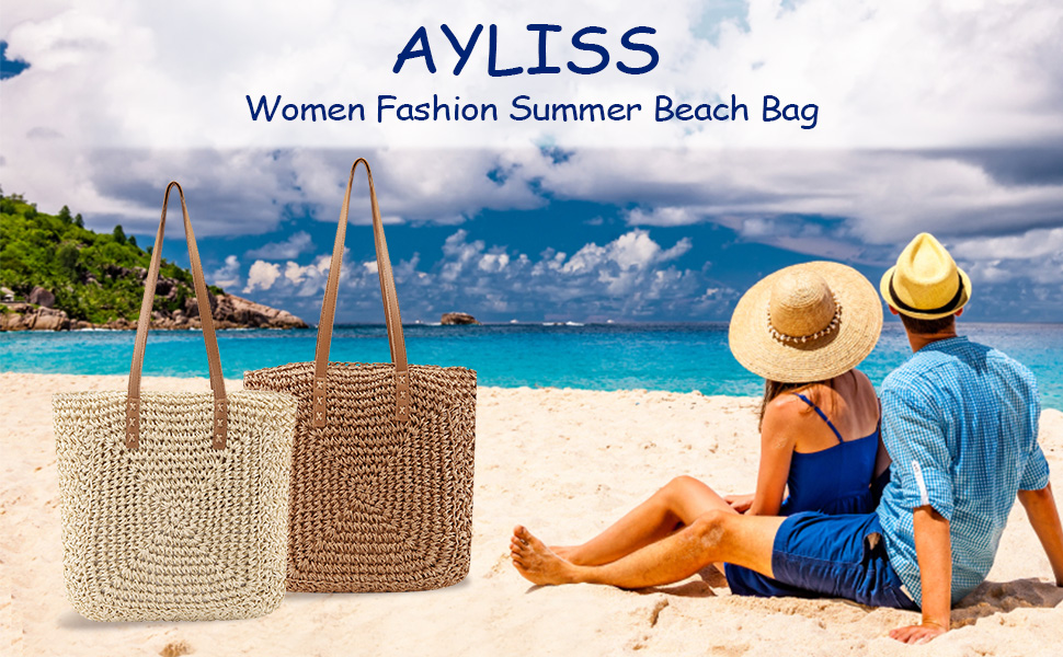 Women Straw Handbag Tote Shoulder Handbag Summer Beach Woven Handmade Weaving Casual Bag