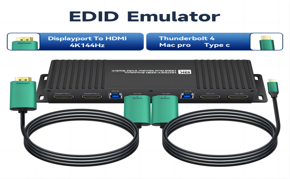 kvm Switch 2 Monitors 2 Computers hdmi 2.1 4k 144hz EDID Emulator Hotkey Switching
