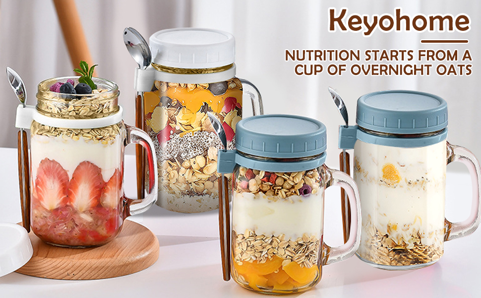 Keyohome 2 Pack Overnight Oats Jars,Overnight Oats Container with Lid