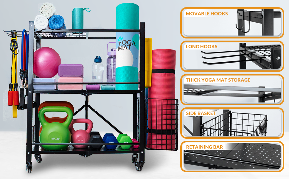 Home gym organizer basket and hooks