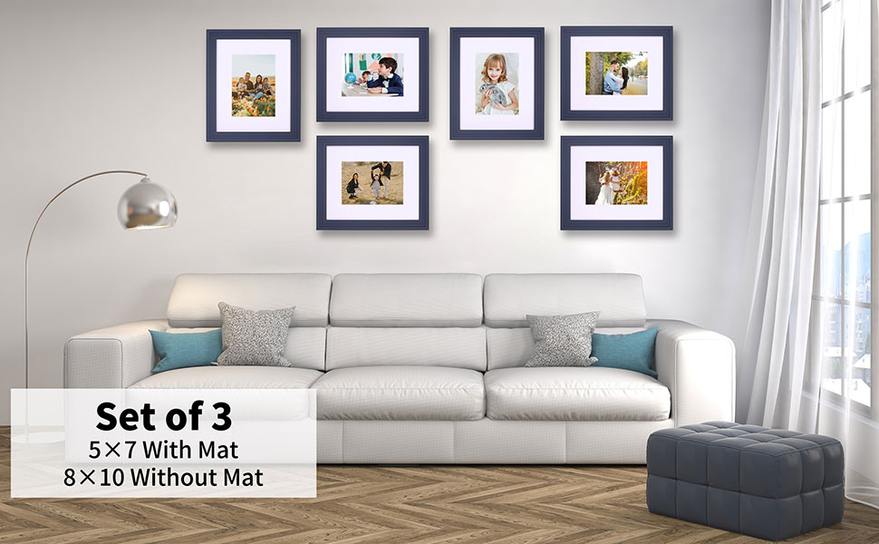 8x10 Picture Frame Set of 3 Display Pictures with Mat Blue