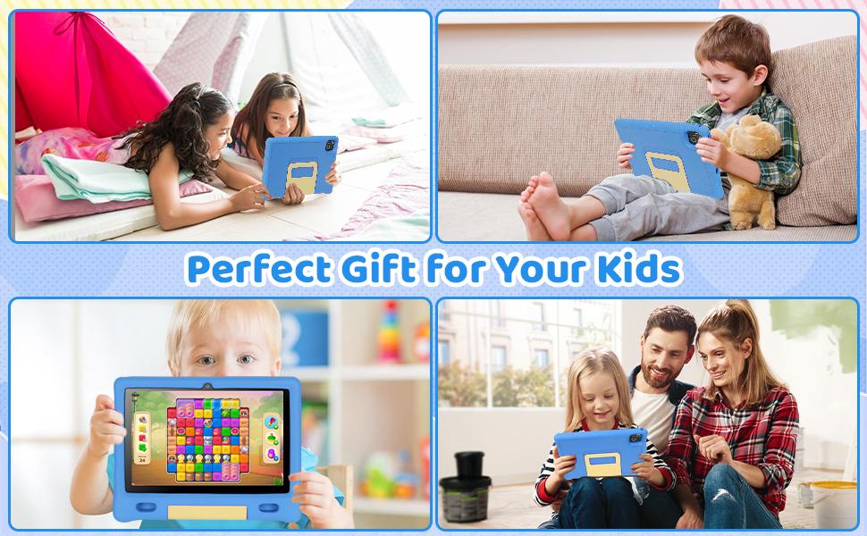 Composite image showcasing children using blue tablet devices in various settings: on floor, couch, and with parents. Devices have protective cases and appear to be educational tablets for kids.