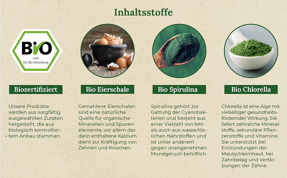 Zutaten Bio Eierschalen, Bio Spirulina, Bio Chlorella