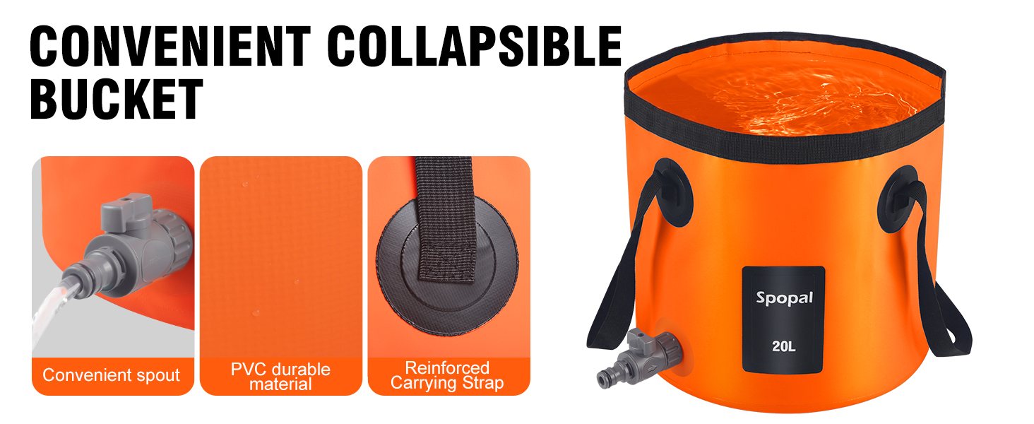 Text reads: 'CONVENIENT COLLAPSIBLE BUCKET'. Orange and black collapsible bucket shown in both expanded and collapsed states.