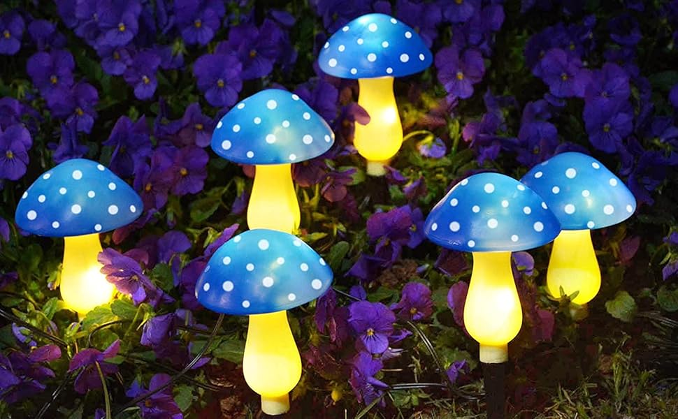 Abkshine Set of 6 Blue Solar Garden Lights, Solar Powered Mushroom