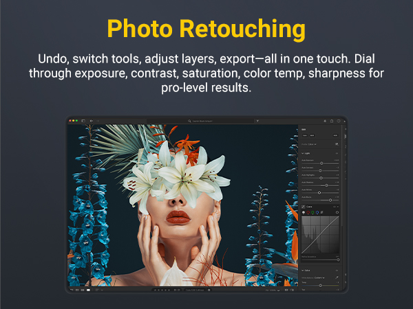 Text: 'Photo Retouching' 'Undo, switch tools, adjust layers, export—all in one touch. Dial through exposure, contrast, saturation, color temp, sharpness for pro-level results.' Shows photo editing interface with artistic portrait.