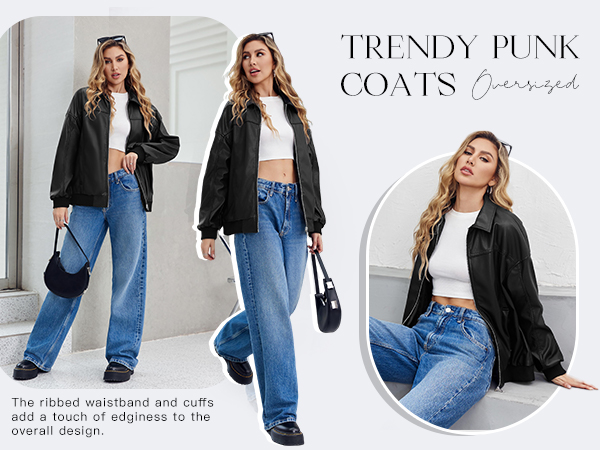 Tankaneo Womens Faux Leather Jackets Oversized Bomber Casual