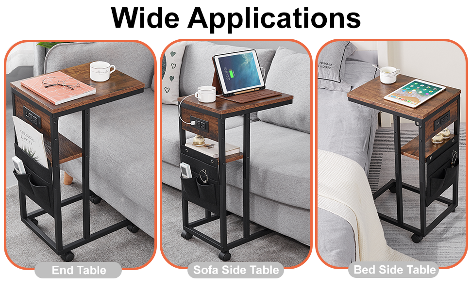 YILFANA C Shaped End Table with Charging Station, C Shaped