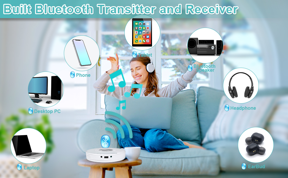 CD Player Portable Bluetooth, Rechargeable CD Player with Speakers Headphones for