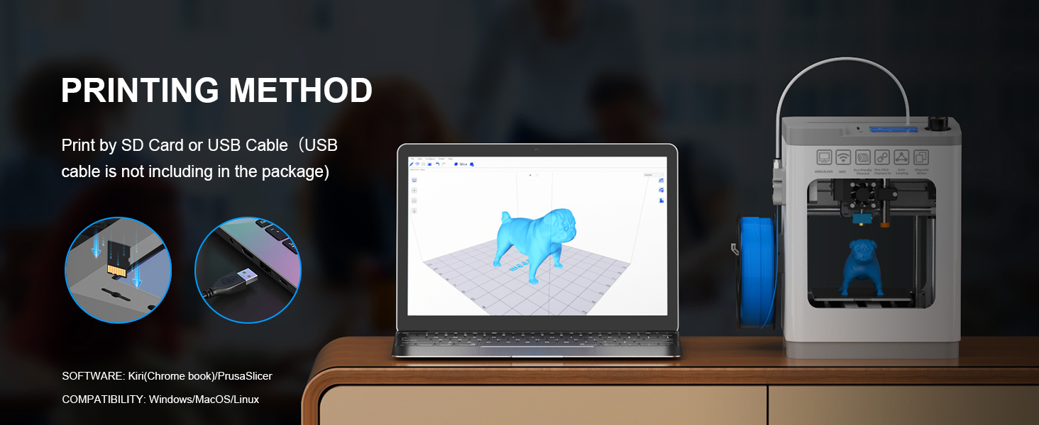 3D printing workspace showing computer monitor with blue model design, printer setup, and technical printing method diagram.