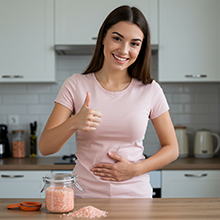 happy lady thumbs up feeling good in gut stomach tummy smile