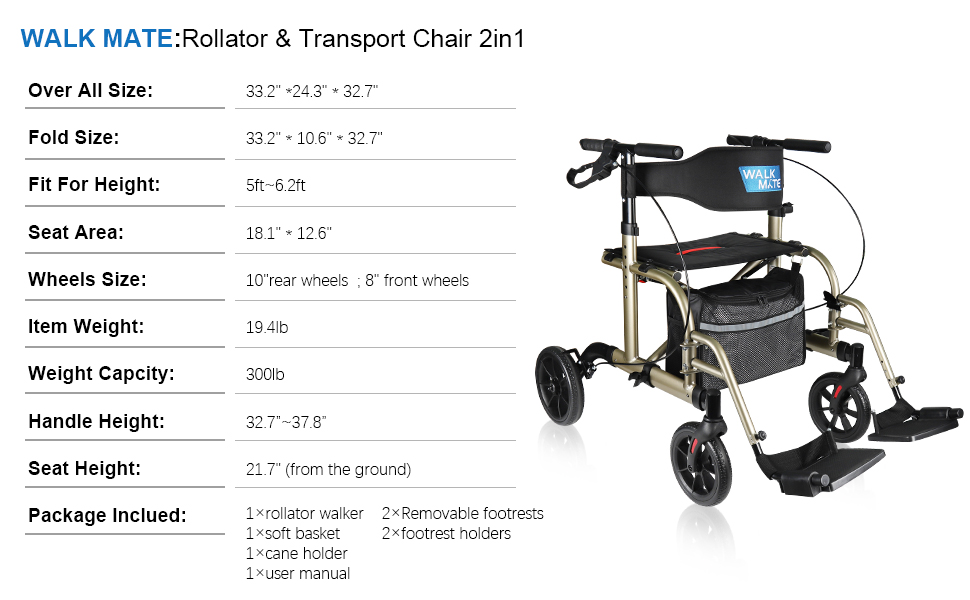 Mua WALK MATE 2 in 1 Rollator Walker Transport Chair for Seniors, 10