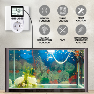 Digitales Leistungsmessgerät mit LCD-Display und Buchse sowie Symbolen für verschiedene Funktionen. Unten ein lebendiges Aquarium mit farbenfrohen Fischen und Pflanzen.