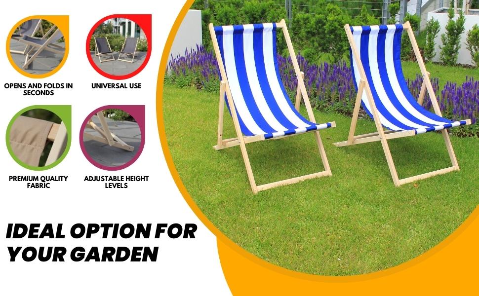 Traditional Folding Wood Deck Chairs Set of 2, Beach/Garden Wooden Deck