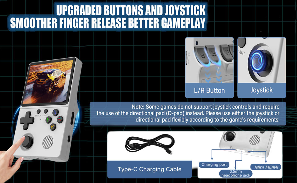 Der Text lautet „VERBESSERTE TASTEN UND JOYSTICK“, „SMOOTHER FINGER RELEASE BESSER GAMEPLAY“, „Type-C Charging Cable“. Produktbilder zeigen weißen Gaming-Controller mit Tasten und USB-Kabel.