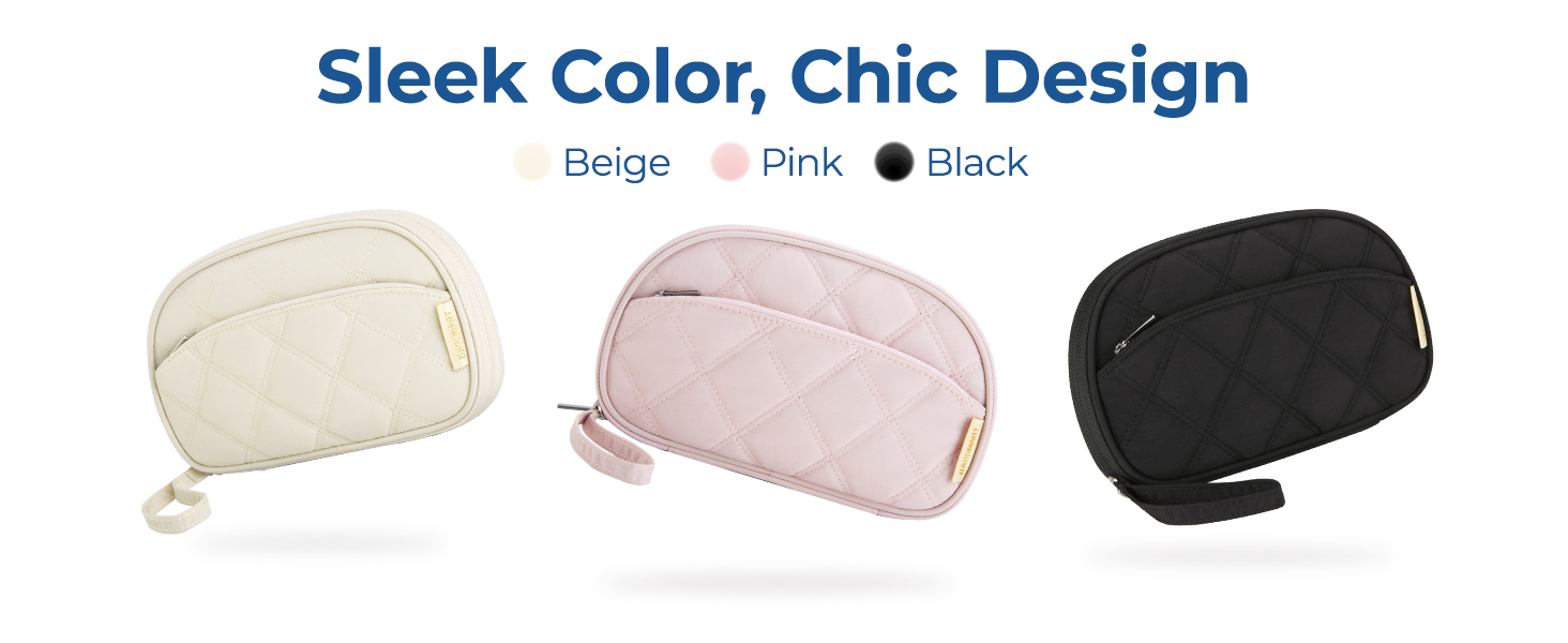 Le texte indique « Couleur élégante, design chic ». Trois trousses cosmétiques ou de toilette incurvées présentées dans les couleurs beige, rose et noir.