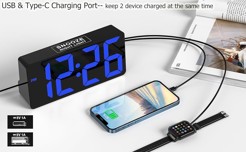 Alarm Clock for Bedroom, 7 In Large Disp... 19 alarm clock with c-usb charger port