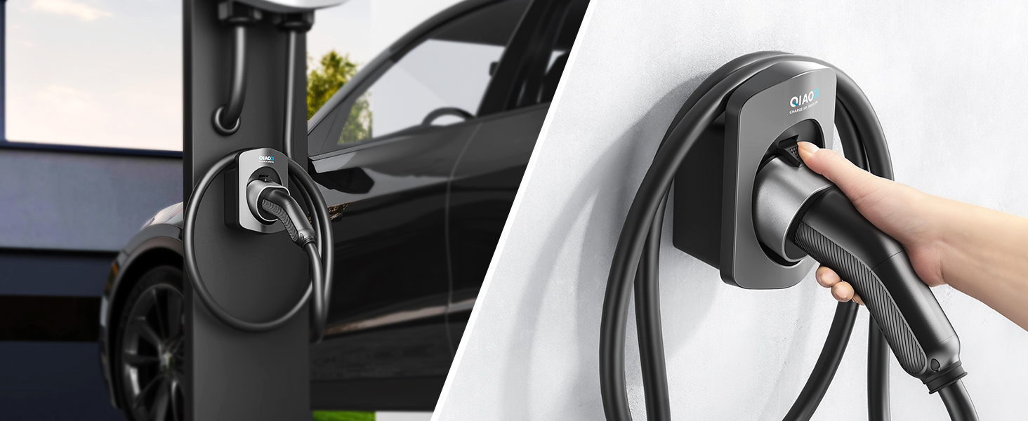 Electric vehicle charging cable holder and organizer shown mounted on a wall and in use with an EV charging connector.