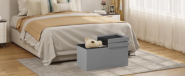 WOLTU Pouf Contenitore. Cassapanca Poggiapiedi Pieghevole Da 80L Con Coperchio Rimovibile. Panca Contenitore In Lino Oxford. Seduta Imbottita. 76x38x38cm. Grigio Chiaro 11 1