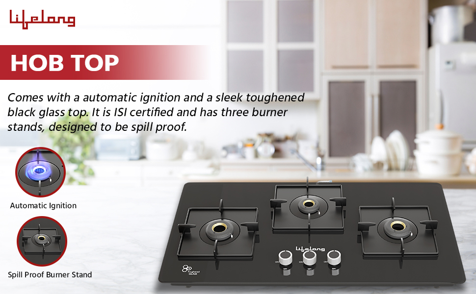 Lifelong 3 Burner Toughened Glass Top HobtopAutomatic Ignition Cooktop