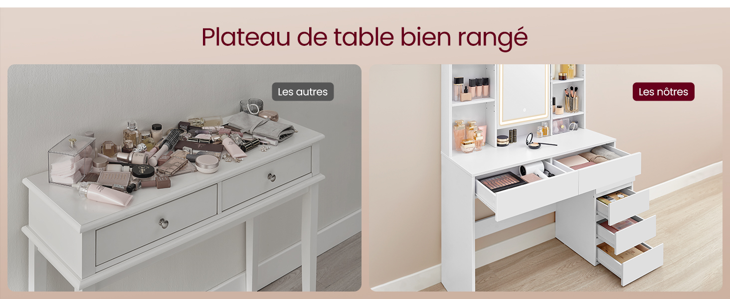 Deux images de meubles de rangement blancs : une table avec des tiroirs remplis d'accessoires et un organiseur de bureau à plusieurs compartiments avec tiroirs ouverts