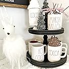 winter coffee bar with faux whipped cream mug topper, wooden modern farmhouse black tiered tray