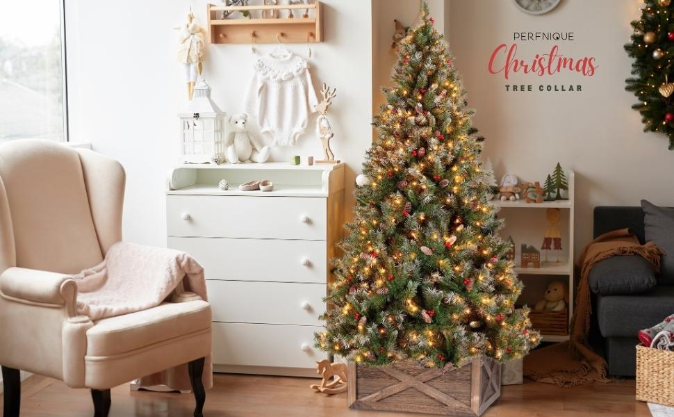 Perfnique Christmas Tree Collar, 26'' Durable Wood Tree