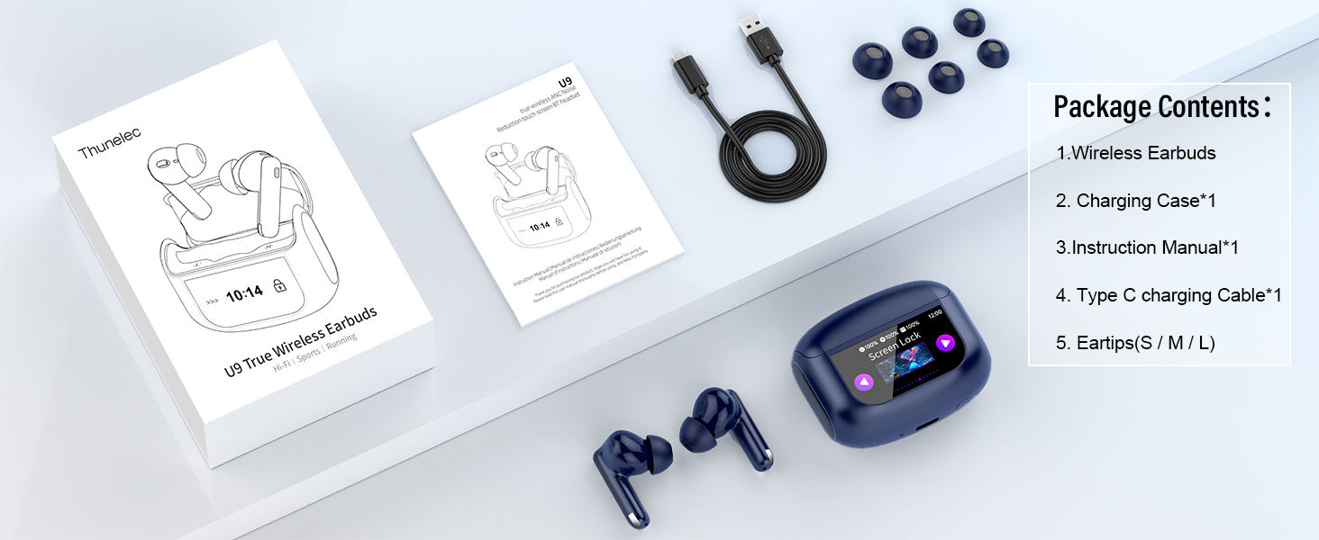 Wireless earbuds package contents displayed: earbuds, charging case, USB cable, ear tips, and user manual. Components neatly arranged on white surface.