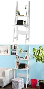SoBuy Wall Ladder Bookcases And Shelving Unit With 2 Storage Unit & Desk Workstation,FRG111-WN 21 FRG60-W