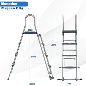 RELAX4LIFE Échelle De Piscine Hors Sol Avec Structure Acier Hauteur 122cm, Patins Antidérapants Sur 6 Pédales, Échelle Double Sécurité Pour Piscine Avec Plate-Forme Amovible 17 cm