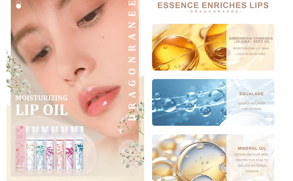 Flower Jelly Lip Oil Set van 6 hydraterende crème, lang aanhoudende roll-on lipgloss