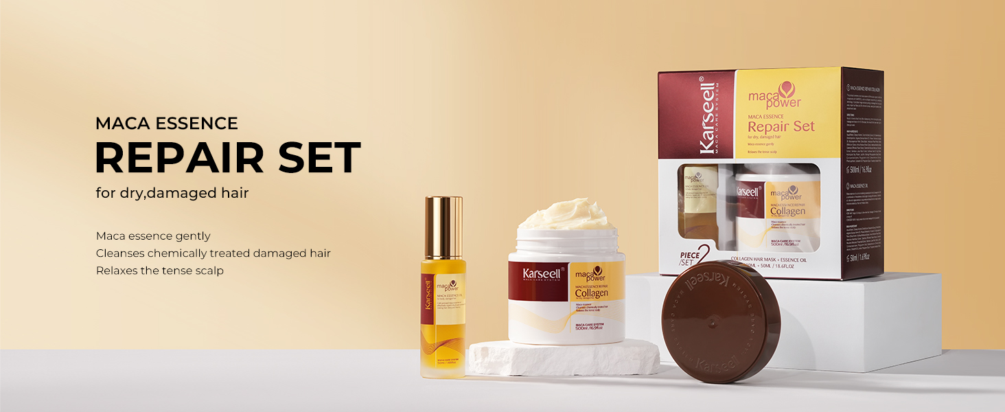 étiqueté « REPAIR SET » par Maca Essence. Le présentoir comprend des bouteilles, des bocaux et des boîtes dans des tons terreux sur fond beige