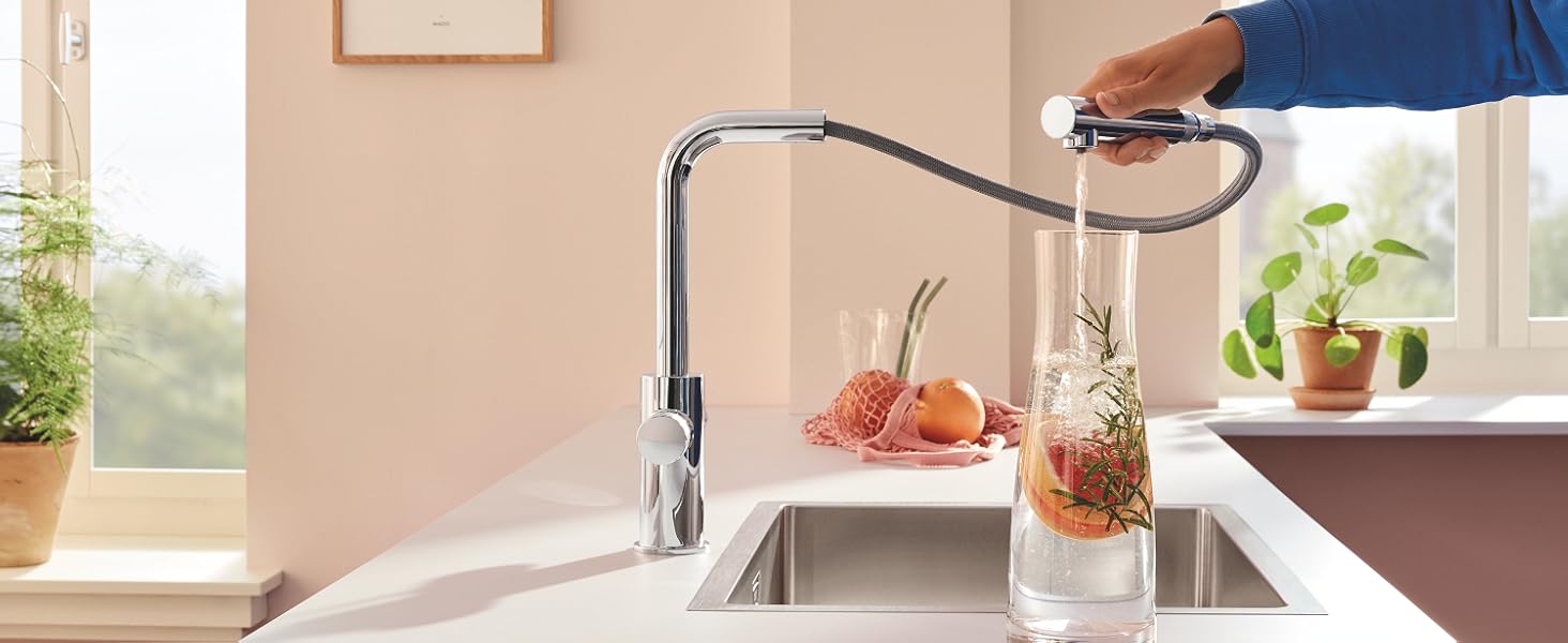 GROHE Blue Pure Minta Kitchen Sink 3 Ways Mixer Tap With Under Sink Water Filter Magnesium & Zinc Filter Starter Set (High L-Spout 150u00b0 Swivel, Tails 3/8 Inch, Capacity 400 L, Easy To Fit), Chrome