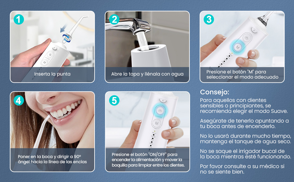 Guia de instruções de seis painéis para usar um dispositivo de fio dental de água. As etapas incluem encher o reservatório, apontar os dentes e selecionar configurações de pressão da água