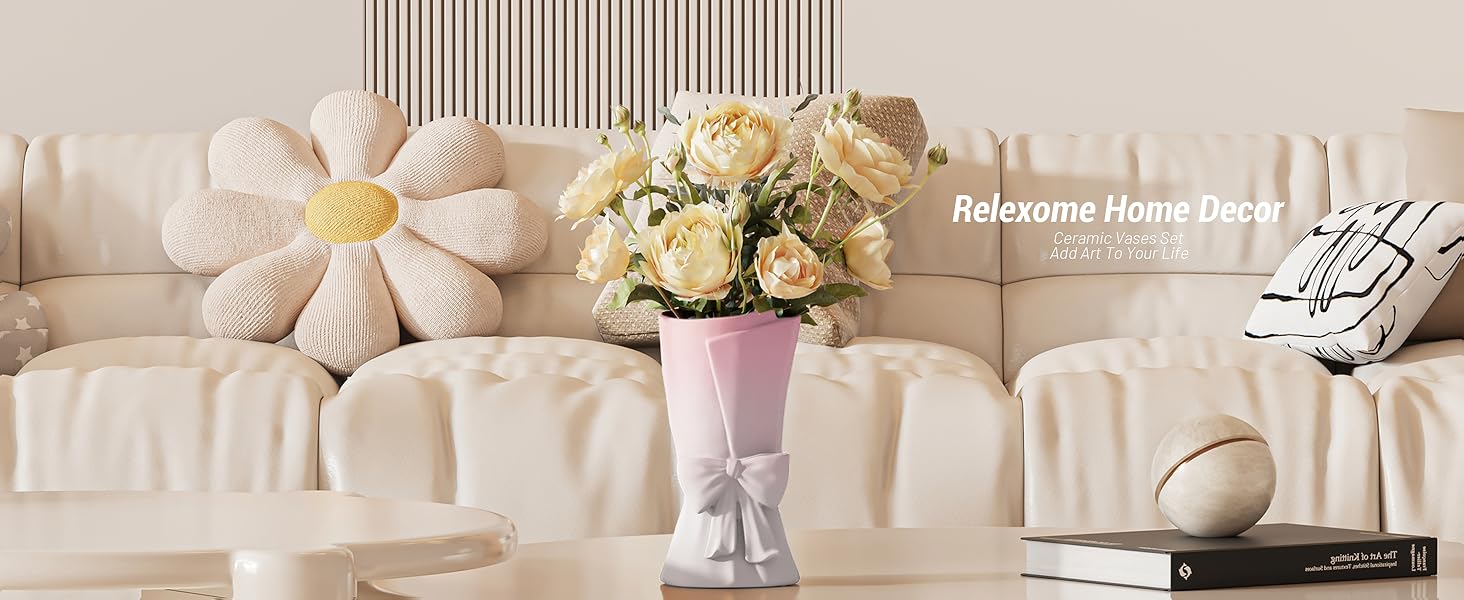 Relexome Pink White Ceramic Vase Unique Cute Decorative