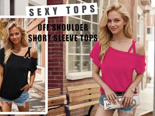 VKEGNIO American Flag Print Off The Shoulder Tops Sexy Cold